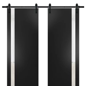 Sturdy Double Barn Door | Planum 0040 Matte Black with White Glass | 13FT Rail Hangers Heavy Set | Solid Panel Interior Doors