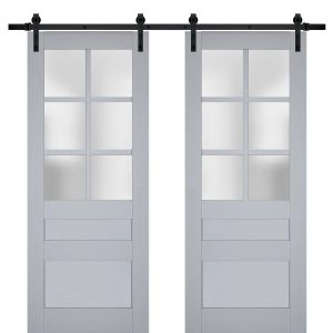 Sturdy Double Barn Door | Veregio 7339 Matte Grey with Frosted Glass | 13FT Rail Hangers Heavy Set | Solid Panel Interior Doors