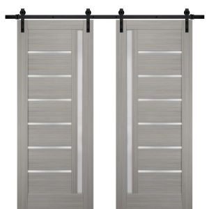 Sturdy Double Barn Door | Quadro 4088 Ginger Ash with Frosted Glass | 13FT Rail Hangers Heavy Set | Solid Panel Interior Doors