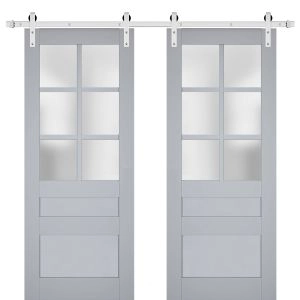 Sturdy Double Barn Door | Veregio 7339 Matte Grey with Frosted Glass | Silver 13FT Rail Hangers Heavy Set | Solid Panel Interior Doors