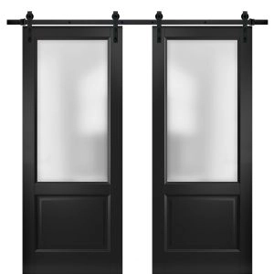 Sturdy Double Barn Door with | Lucia 22 Matte Black with Frosted Glass | 13FT Rail Hangers Heavy Set | Solid Panel Interior Doors