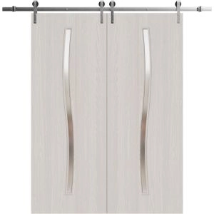 Modern Double Barn Door 36 x 80 inches | BASIC 3002 Ash Franko | 13FT Silver Rail Track Set | Solid Panel Interior Doors