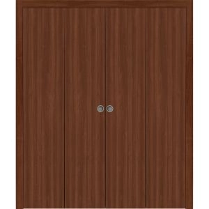 Sliding Closet Double Bi-fold Doors 72 x 80 inches | BASIC 3001 Walnut Franko | Sturdy Tracks Moldings Trims Hardware Set | Wood Solid Bedroom Wardrobe Doors