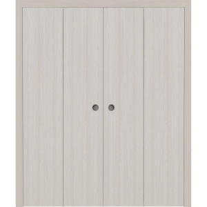 Sliding Closet Double Bi-fold Doors 72 x 80 inches | BASIC 3001 Ash Franko | Sturdy Tracks Moldings Trims Hardware Set | Wood Solid Bedroom Wardrobe Doors