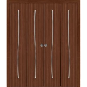Sliding Closet Double Bi-fold Doors 72 x 80 inches | BASIC 3002 Walnut Franko | Sturdy Tracks Moldings Trims Hardware Set | Wood Solid Bedroom Wardrobe Doors