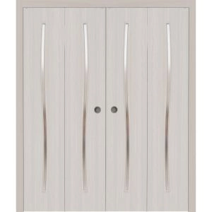 Sliding Closet Double Bi-fold Doors 72 x 80 inches | BASIC 3002 Ash Franko | Sturdy Tracks Moldings Trims Hardware Set | Wood Solid Bedroom Wardrobe Doors