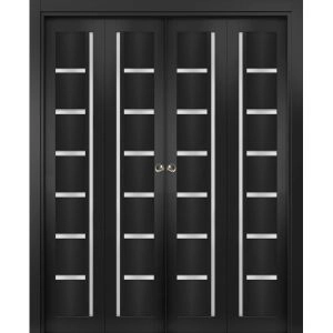 Sliding Closet Double Bi-fold Doors | Quadro 4088 Matte Black with Frosted Glass | Sturdy Tracks Moldings Trims Hardware Set | Wood Solid Bedroom Wardrobe Doors 