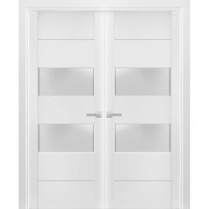 Solid French Double Doors 2 lites | Lucia 4010 White Silk with Frosted Glass | Wood Solid Panel Frame Trims | Closet Bedroom Sturdy Doors 
