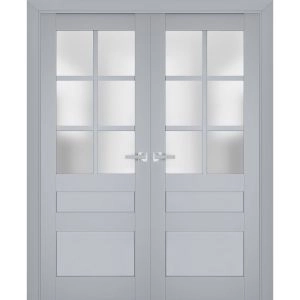 Interior Solid French Double Doors | Veregio 7339 Matte Grey with Frosted Glass | Wood Solid Panel Frame Trims | Closet Bedroom Sturdy Doors 
