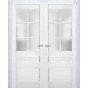 Interior Solid French Double Doors | Veregio 7339 White Silk with Frosted Glass | Wood Solid Panel Frame Trims | Closet Bedroom Sturdy Doors 