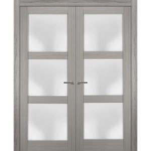 Solid French Double Doors | Lucia 2552 Ginger Ash with Frosted Glass | Wood Solid Panel Frame Trims | Closet Bedroom Sturdy Doors 