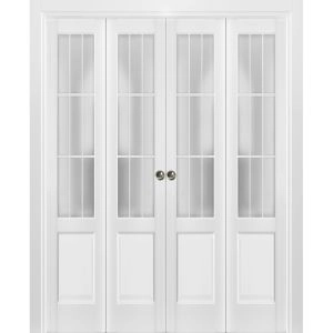 Sliding Closet Double Bi-fold Doors | Felicia 3309 White Silk with Frosted Glass | Sturdy Tracks Moldings Trims Hardware Set | Wood Solid Bedroom Wardrobe Doors 