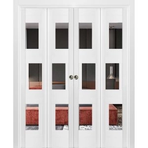 Sliding Closet Double Bi-fold Doors | Sete 6999 White Silk with Mirror | Sturdy Tracks Moldings Trims Hardware Set | Wood Solid Bedroom Wardrobe Doors-72" x 80" (4* 18x80) 