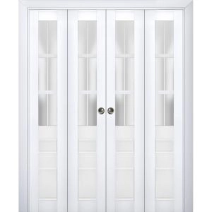 Sliding Closet Double Bi-fold Doors | Veregio 7339 White Silk with Frosted Glass | Sturdy Tracks Moldings Trims Hardware Set | Wood Solid Bedroom Wardrobe Doors 