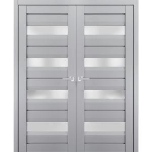Interior Solid French Double Doors | Veregio 7455 Matte Grey with Frosted Glass | Wood Solid Panel Frame Trims | Closet Bedroom Sturdy Doors 