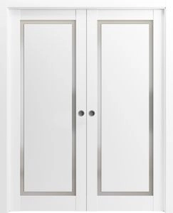 Modern Double Pocket Doors | Planum 0888 Painted White with Frosted Glass | Kit Trims Rail Hardware | Solid Wood Interior Bedroom Sliding Closet Sturdy Door-36" x 80" (2* 18x80)