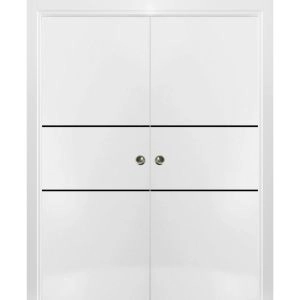 Sliding Double Pocket Door with Frames | Planum 0014 White Silk and Aluminum Strips | Kit Trims Rail Hardware | Solid Wood Interior Bedroom Bathroom Closet Sturdy Doors