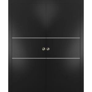 Sliding Double Pocket Door with Frames | Planum 0110 Matte Black and Aluminum Strips | Kit Trims Rail Hardware | Solid Wood Interior Bedroom Bathroom Closet Sturdy Doors