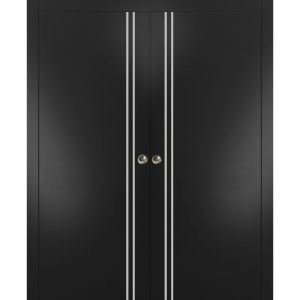Sliding Double Pocket Door with Frames | Planum 0310 Matte Black and Aluminum Strips | Kit Trims Rail Hardware | Solid Wood Interior Bedroom Bathroom Closet Sturdy Doors
