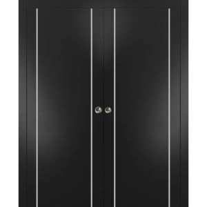 Sliding Double Pocket Door with Frames | Planum 0410 Matte Black | Kit Trims Rail Hardware | Solid Wood Interior Bedroom Bathroom Closet Sturdy Doors 