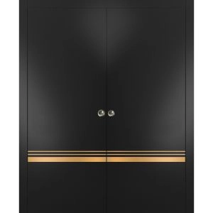 Sliding Double Pocket Door with Frames | Planum 2010 Matte Black and Aluminum Strips | Kit Trims Rail Hardware | Solid Wood Interior Bedroom Bathroom Closet Sturdy Doors