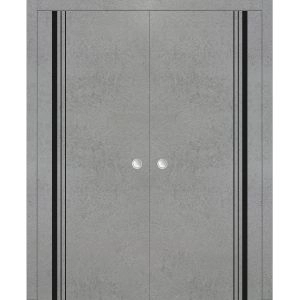 Modern Double Pocket Doors | Planum 0011 Concrete and Aluminum Strips | Kit Trims Rail Hardware | Solid Wood Interior Bedroom Sliding Closet Sturdy Door