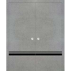 Modern Double Pocket Doors | Planum 0012 Concrete and Aluminum Strips | Kit Trims Rail Hardware | Solid Wood Interior Bedroom Sliding Closet Sturdy Door