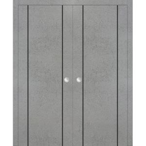 Modern Double Pocket Doors | Planum 0017 Concrete and Aluminum Strips | Kit Trims Rail Hardware | Solid Wood Interior Bedroom Sliding Closet Sturdy Door-36" x 80" (2* 18x80)
