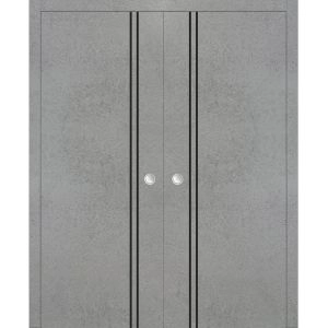 Modern Double Pocket Doors | Planum 0016 Concrete and Aluminum Strips | Kit Trims Rail Hardware | Solid Wood Interior Bedroom Sliding Closet Sturdy Door