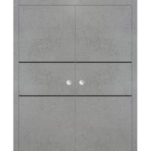 Modern Double Pocket Doors | Planum 0014 Concrete and Aluminum Strips | Kit Trims Rail Hardware | Solid Wood Interior Bedroom Sliding Closet Sturdy Door