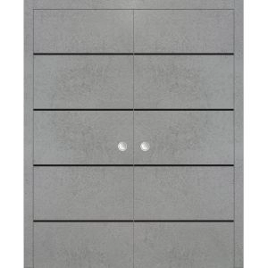 Modern Double Pocket Doors | Planum 0015 Concrete and Aluminum Strips | Kit Trims Rail Hardware | Solid Wood Interior Bedroom Sliding Closet Sturdy Door