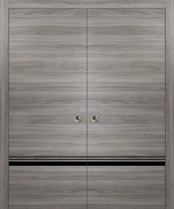 Sliding Double Pocket Door with Frames | Planum 0012 Ginger Ash and Aluminum Strips | Kit Trims Rail Hardware | Solid Wood Interior Bedroom Bathroom Closet Sturdy Doors