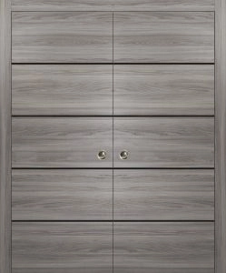 Sliding Double Pocket Door with Frames | Planum 0015 Ginger Ash and Aluminum Strips | Kit Trims Rail Hardware | Solid Wood Interior Bedroom Bathroom Closet Sturdy Doors