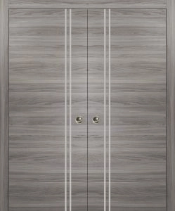 Sliding Double Pocket Door with Frames | Planum 0310 Ginger Ash and Aluminum Strips | Kit Trims Rail Hardware | Solid Wood Interior Bedroom Bathroom Closet Sturdy Doors