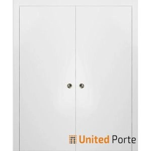 Planum 0010 Modern Interior Closet Sliding Flush Double Pocket Doors White Silk with Frames Tracks Hardware Set