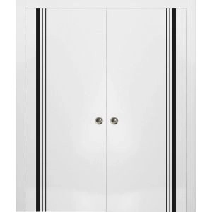 Sliding Double Pocket Door with Frames | Planum 0011 White Silk and Aluminum Strips | Kit Trims Rail Hardware | Solid Wood Interior Bedroom Bathroom Closet Sturdy Doors
