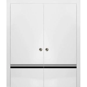 Sliding Double Pocket Door with Frames | Planum 0012 White Silk and Aluminum Strips | Kit Trims Rail Hardware | Solid Wood Interior Bedroom Bathroom Closet Sturdy Doors