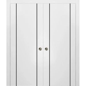 Sliding Double Pocket Door with Frames | Planum 0017 White Silk and Aluminum Strips | Kit Trims Rail Hardware | Solid Wood Interior Bedroom Bathroom Closet Sturdy Doors -36" x 80" (2* 18x80)