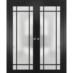 Sliding Double Pocket Door Frosted Tempered Glass | Planum 2112 Black Matte with Frosted Glass and Aluminum Strips | Kit Trims Rail Hardware | Solid Wood Interior Bedroom Bathroom Closet Sturdy Doors