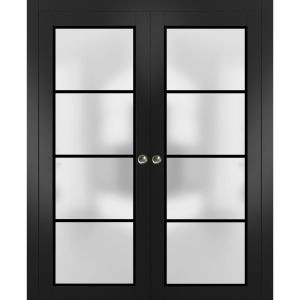Sliding Double Pocket Door Frosted Tempered Glass | Planum 2132 Black Matte with Frosted Glass and Aluminum Strips | Kit Trims Rail Hardware | Solid Wood Interior Bedroom Bathroom Closet Sturdy Doors