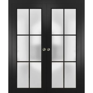 Sliding Double Pocket Door Frosted Tempered Glass | Planum 2122 Black Matte with Frosted Glass and Aluminum Strips | Kit Trims Rail Hardware | Solid Wood Interior Bedroom Bathroom Closet Sturdy Doors