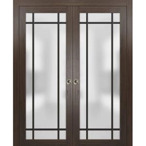 Sliding French Double Pocket Doors | Planum 2112 Chocolate Ash with Frosted Glass and Aluminum Strips | Kit Trims Rail Hardware | Solid Wood Interior Bedroom Sturdy Doors