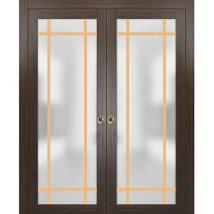 Sliding French Double Pocket Doors | Planum 2113 Chocolate Ash with Frosted Glass and Aluminum Strips | Kit Trims Rail Hardware | Solid Wood Interior Bedroom Sturdy Doors