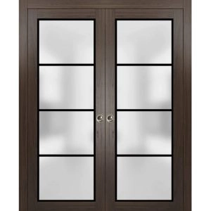 Sliding French Double Pocket Doors | Planum 2132 Chocolate Ash with Frosted Glass and Aluminum Strips | Kit Trims Rail Hardware | Solid Wood Interior Bedroom Sturdy Doors
