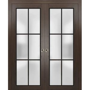 Sliding French Double Pocket Doors | Planum 2122 Chocolate Ash with Frosted Glass and Aluminum Strips | Kit Trims Rail Hardware | Solid Wood Interior Bedroom Sturdy Doors