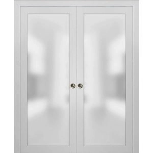 Planum 2102 Interior Sliding Closet Double Pocket Doors White Silk with Frames Tracks Pulls