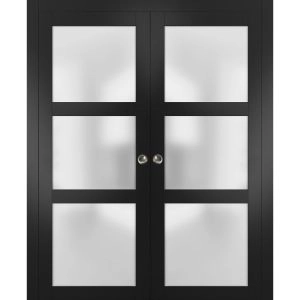 Sliding French Double Pocket Doors | Lucia 2552 Matte Black with Frosted Glass | Kit Trims Rail Hardware | Solid Wood Interior Bedroom Sturdy Doors