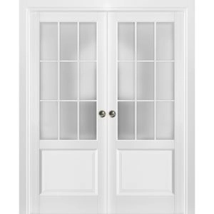 Sliding French Double Pocket Doors | Felicia 3309 White Silk with Frosted Glass | Kit Trims Rail Hardware | Solid Wood Interior Bedroom Sturdy Doors
