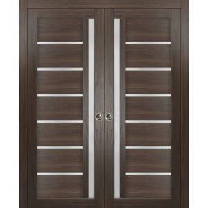Sliding French Double Pocket Doors | Quadro 4088 Chocolate Ash with Frosted Glass | Kit Trims Rail Hardware | Solid Wood Interior Bedroom Sturdy Doors