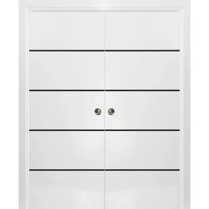 Sliding Double Pocket Door with Frames | Planum 0015 White Silk and Aluminum Strips | Kit Trims Rail Hardware | Solid Wood Interior Bedroom Bathroom Closet Sturdy Doors